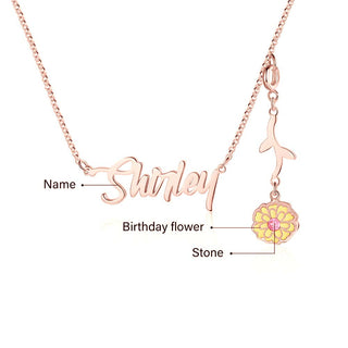 Personalized Rhodium Plated Birthflower Name Pendant Necklace