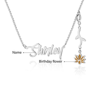 Personalized Rhodium Plated Birthflower Name Pendant Necklace