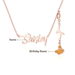 Personalized Rhodium Plated Birthflower Name Pendant Necklace