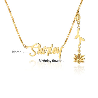Personalized Rhodium Plated Birthflower Name Pendant Necklace