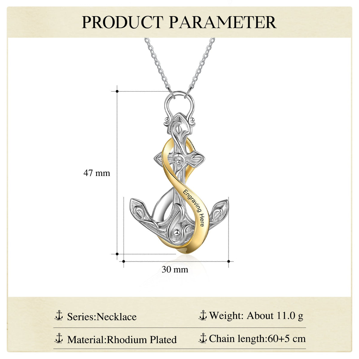 Rhodium Plated Personalized Anchor Necklace