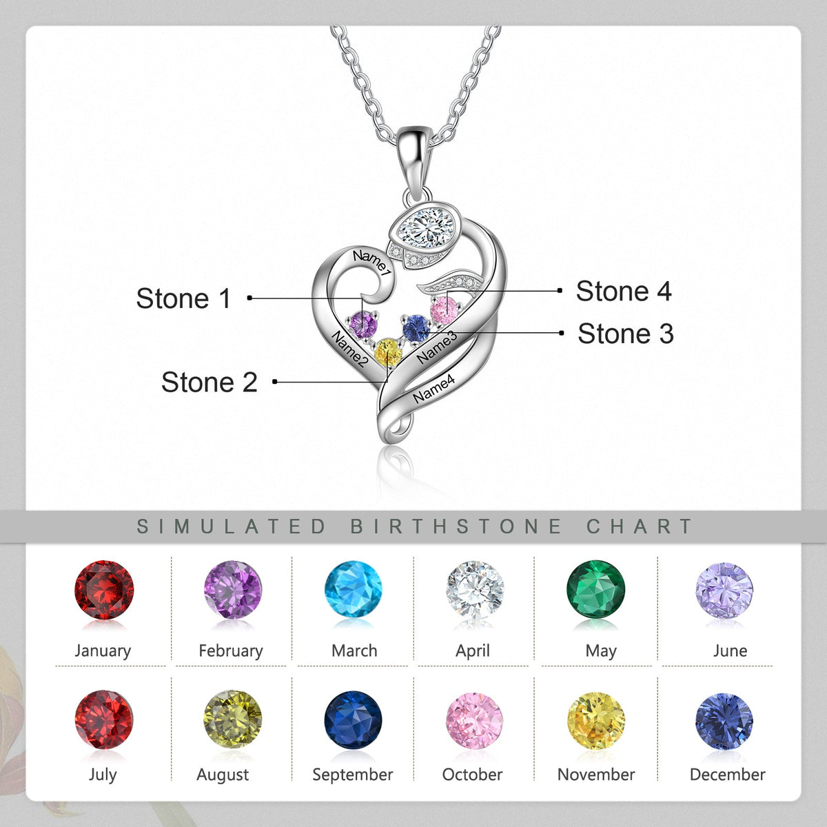 Birthstone & Engraved Rhodium plated Necklace