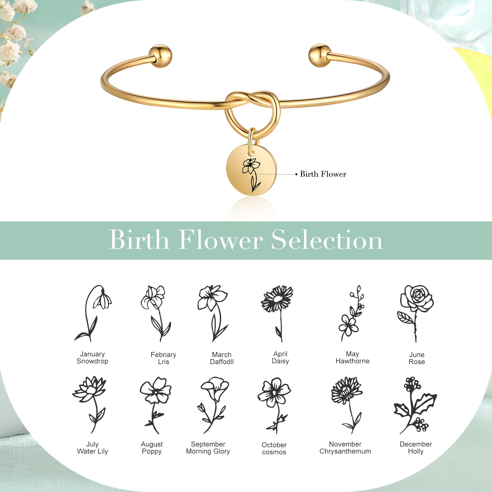 Custom Birthflower Bnagle Bracelet