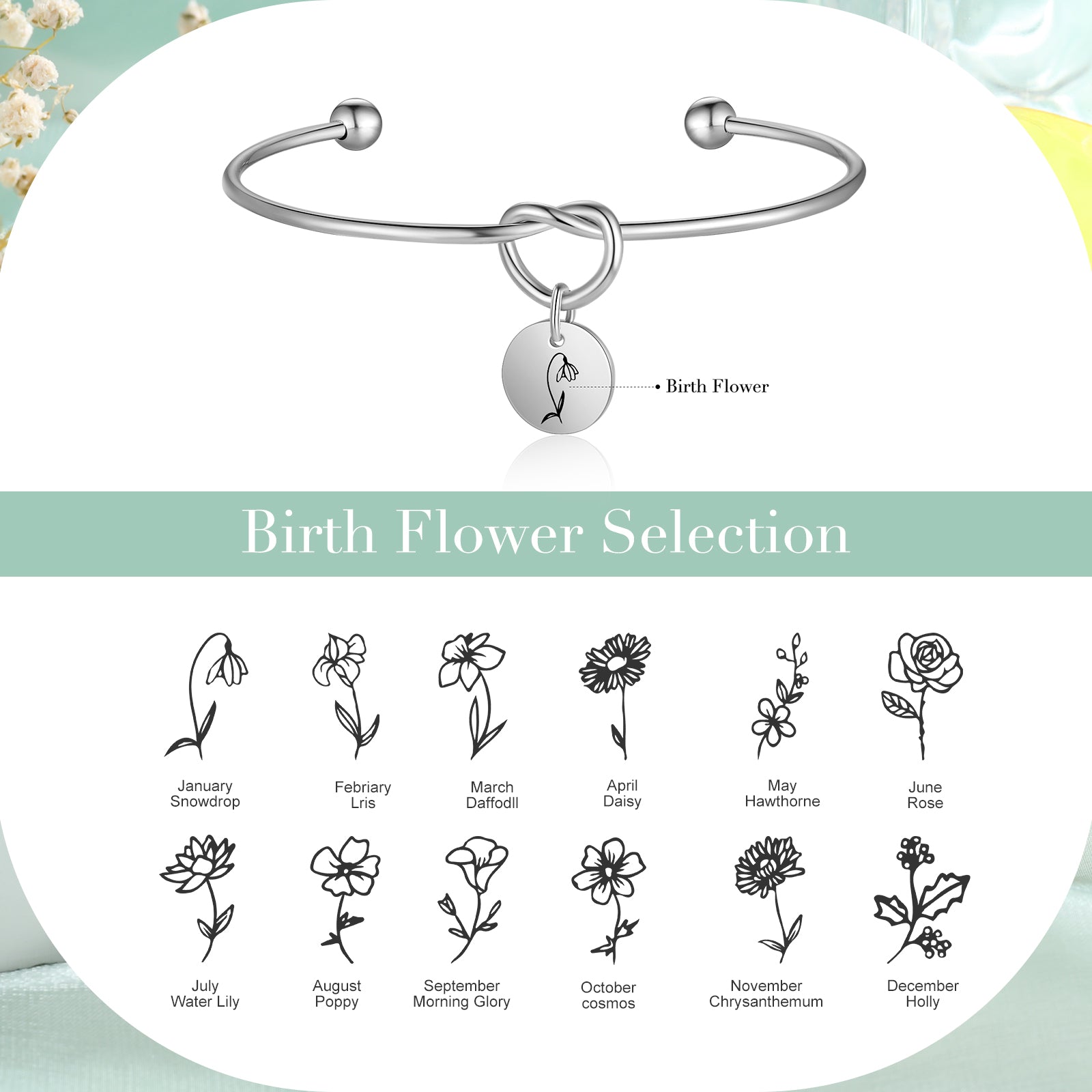 Custom Birthflower Bnagle Bracelet
