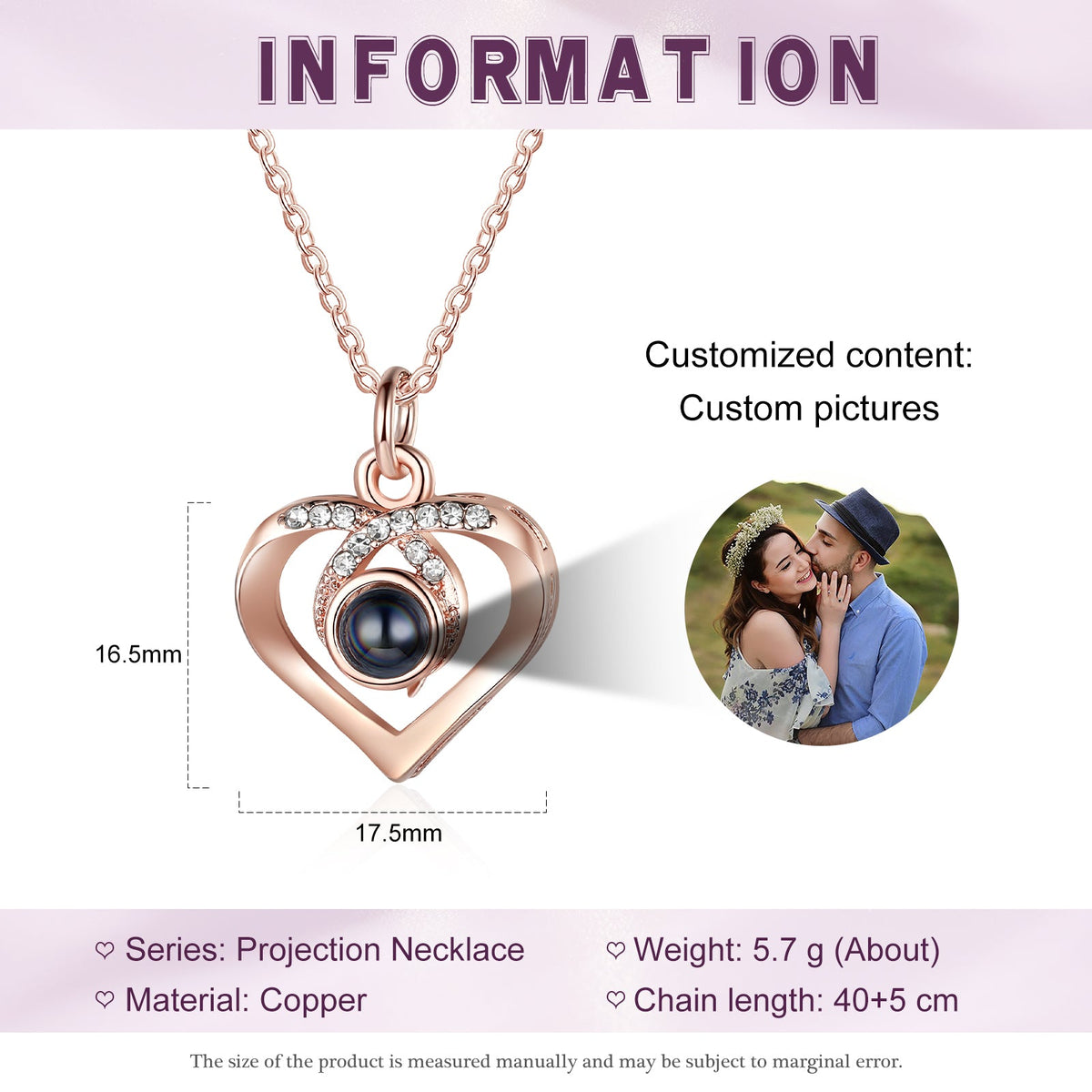 Custom Photo Projection Heart Pendant Necklace