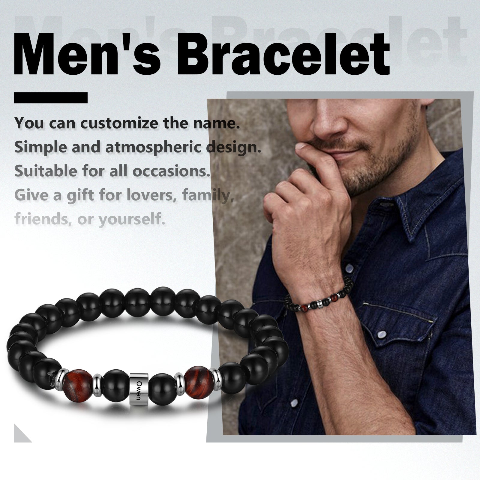 Custom Name Black Agate Bracelet
