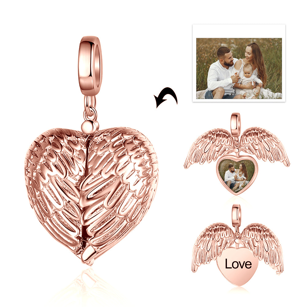 Personalized Rhodium Plated Heart Shape Wing Photo Charm Jewelry Beads