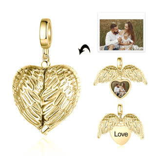 Personalized Rhodium Plated Heart Shape Wing Photo Charm Jewelry Beads
