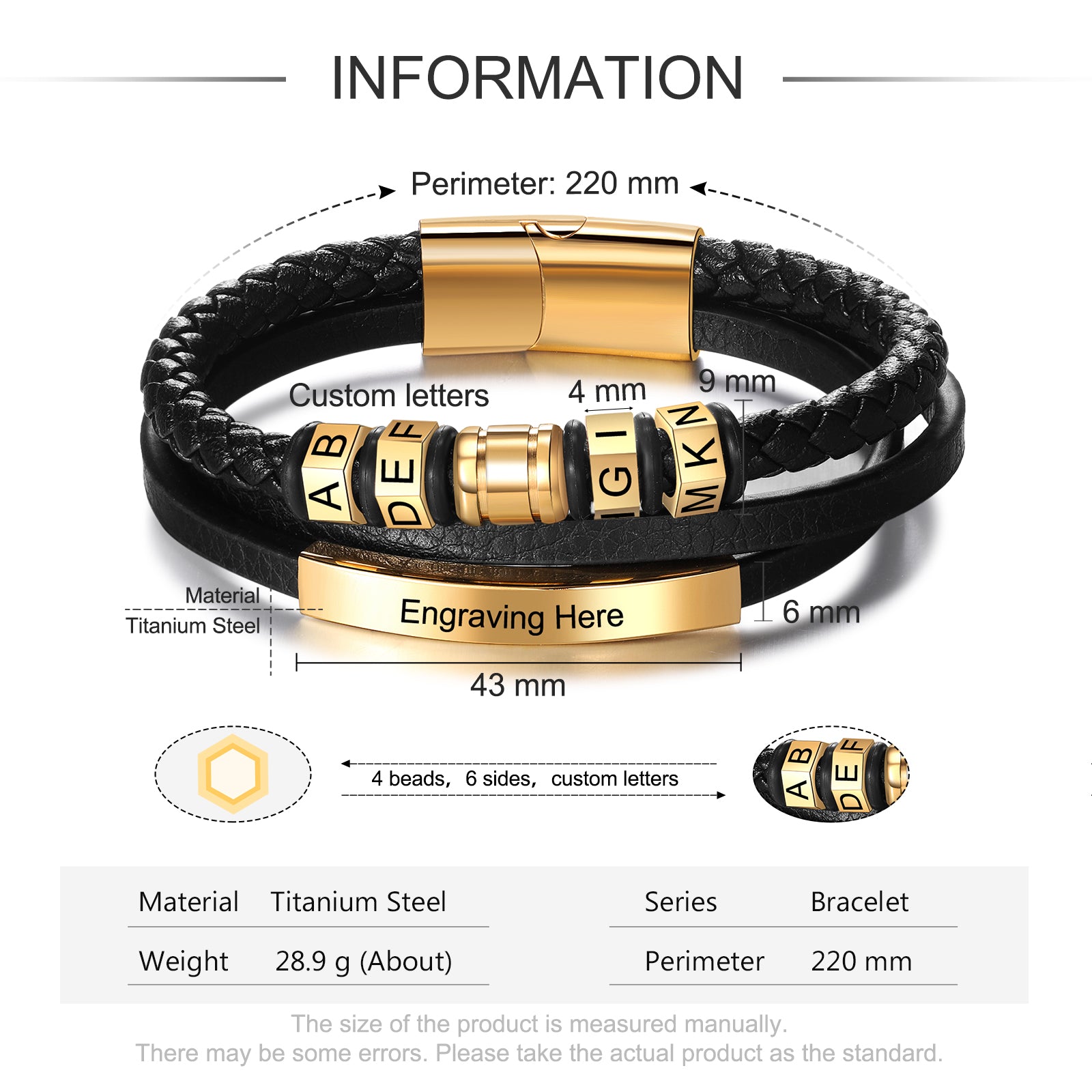 Personalized Titanium Steel Charm Bead Bracelet