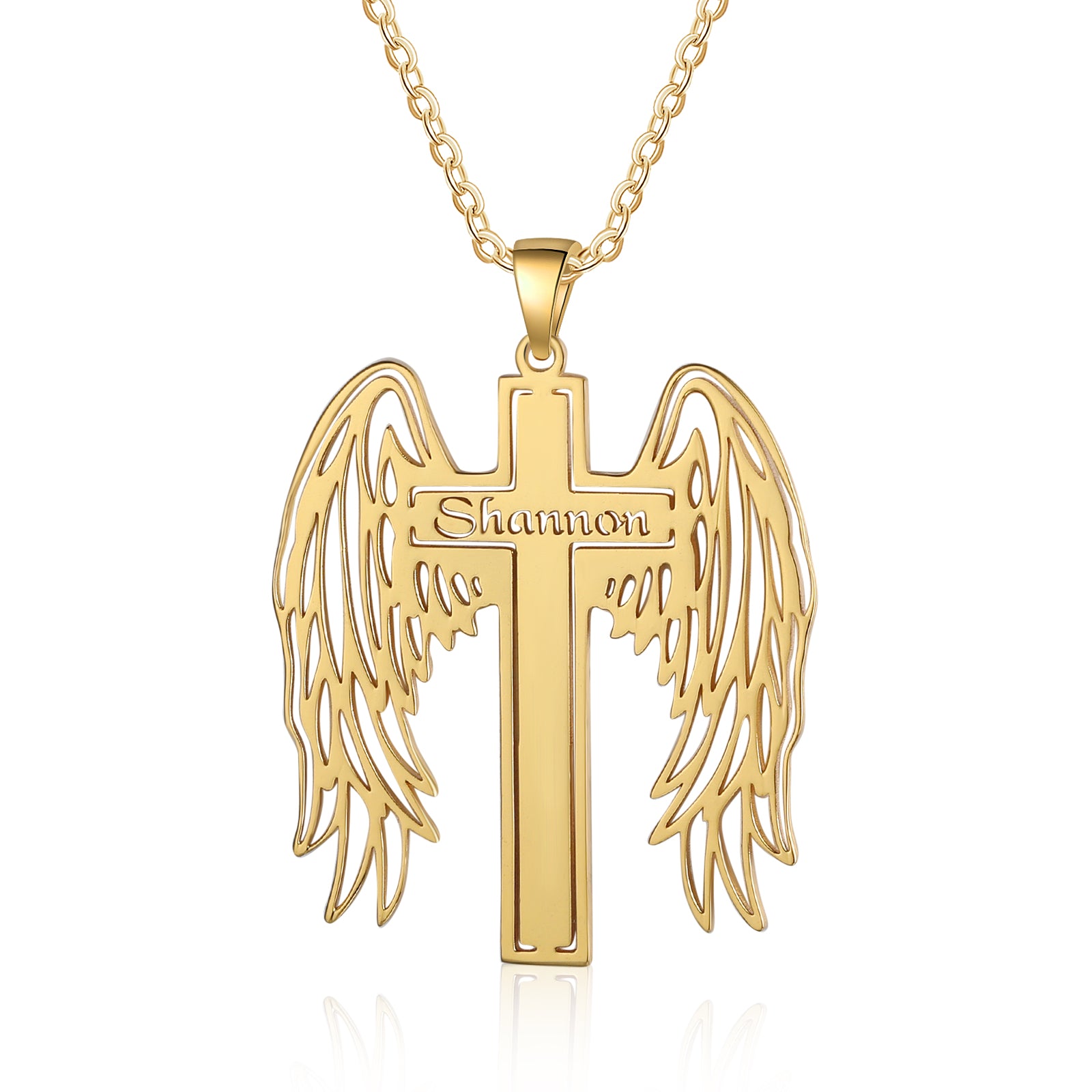 Custom Angle Wing Cross Name Necklace