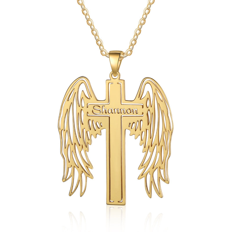 Custom Angle Wing Cross Name Necklace