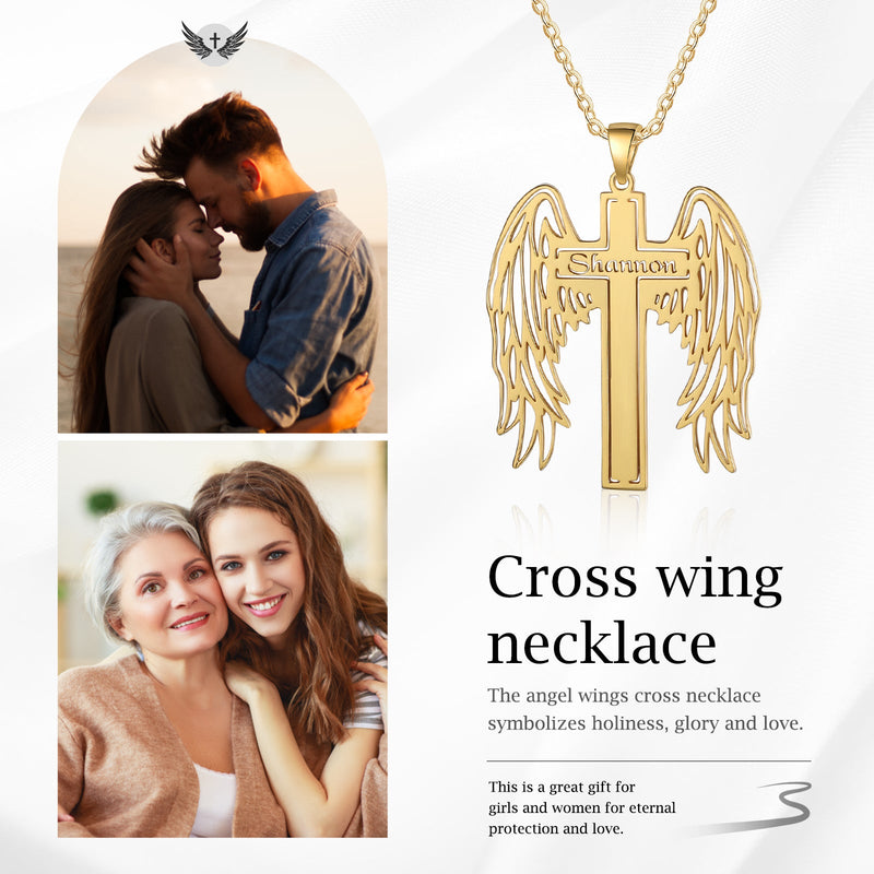 Custom Angle Wing Cross Name Necklace