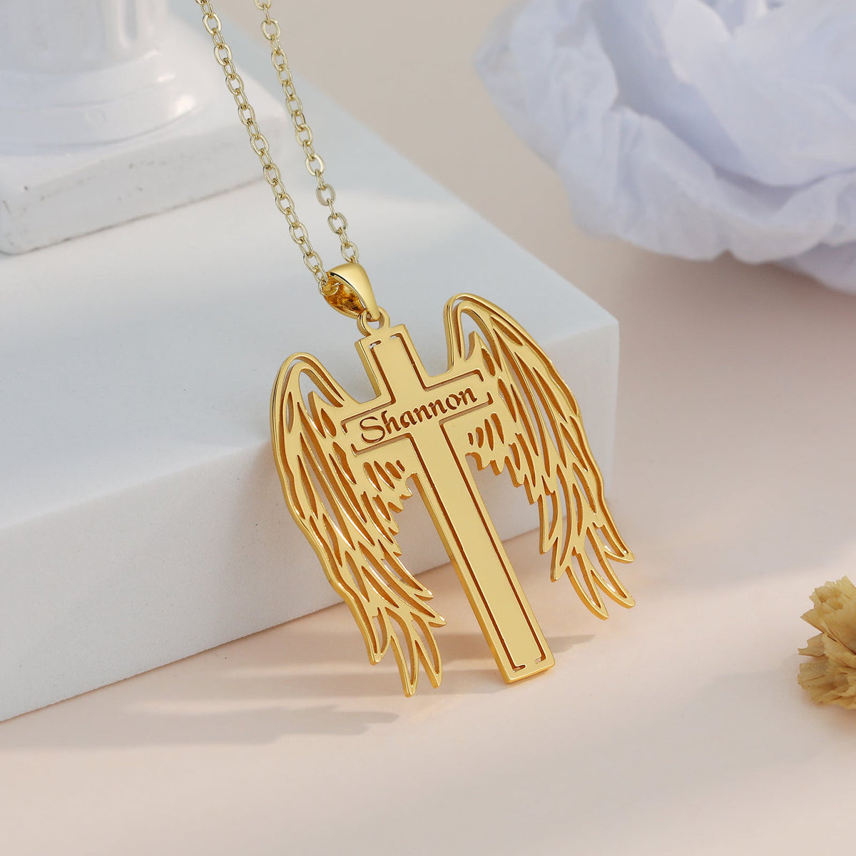 Custom Angle Wing Cross Name Necklace