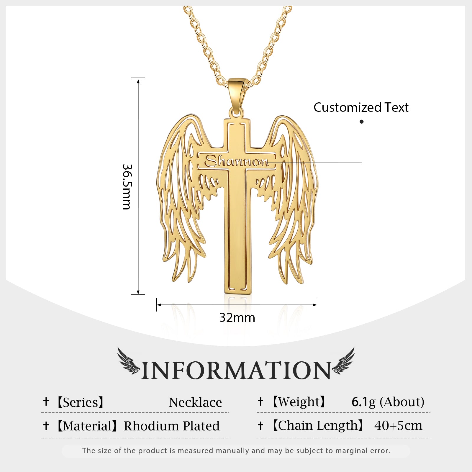 Custom Angle Wing Cross Name Necklace