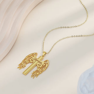 Custom Angle Wing Cross Name Necklace