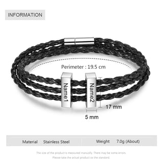 Square Beads Stainless Steel Leather Bracelet