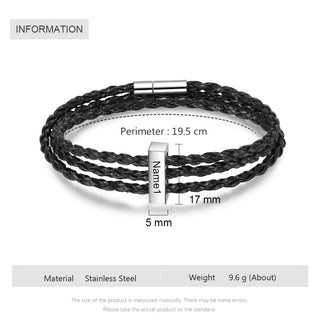 Square Beads Stainless Steel Leather Bracelet