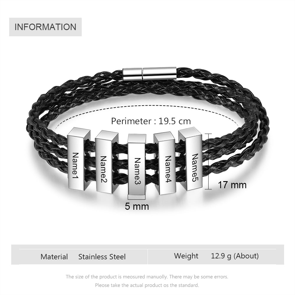 Square Beads Stainless Steel Leather Bracelet