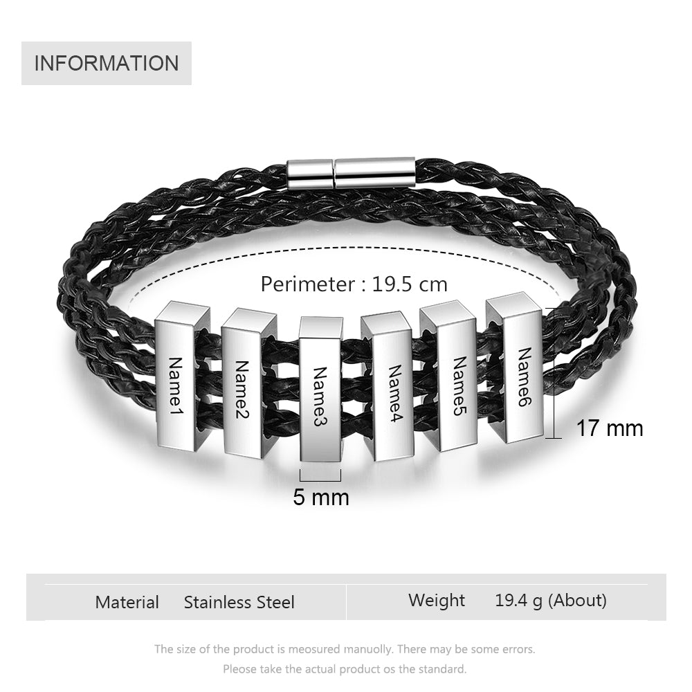 Square Beads Stainless Steel Leather Bracelet