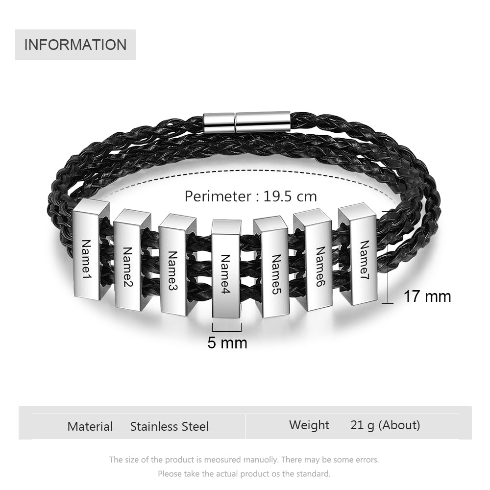 Square Beads Stainless Steel Leather Bracelet