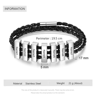Square Beads Stainless Steel Leather Bracelet