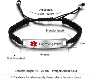 Engraved Stainless Steel Black Rope Medical Bracelet