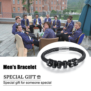 Stainless Steel Black Bead Leather Bracelet