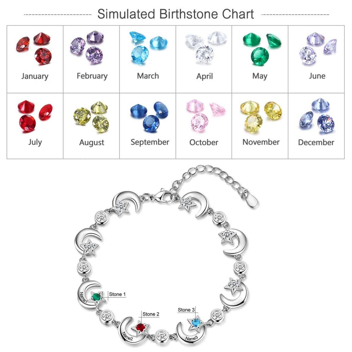 Rhodium Plated Star and Moon Bracelet