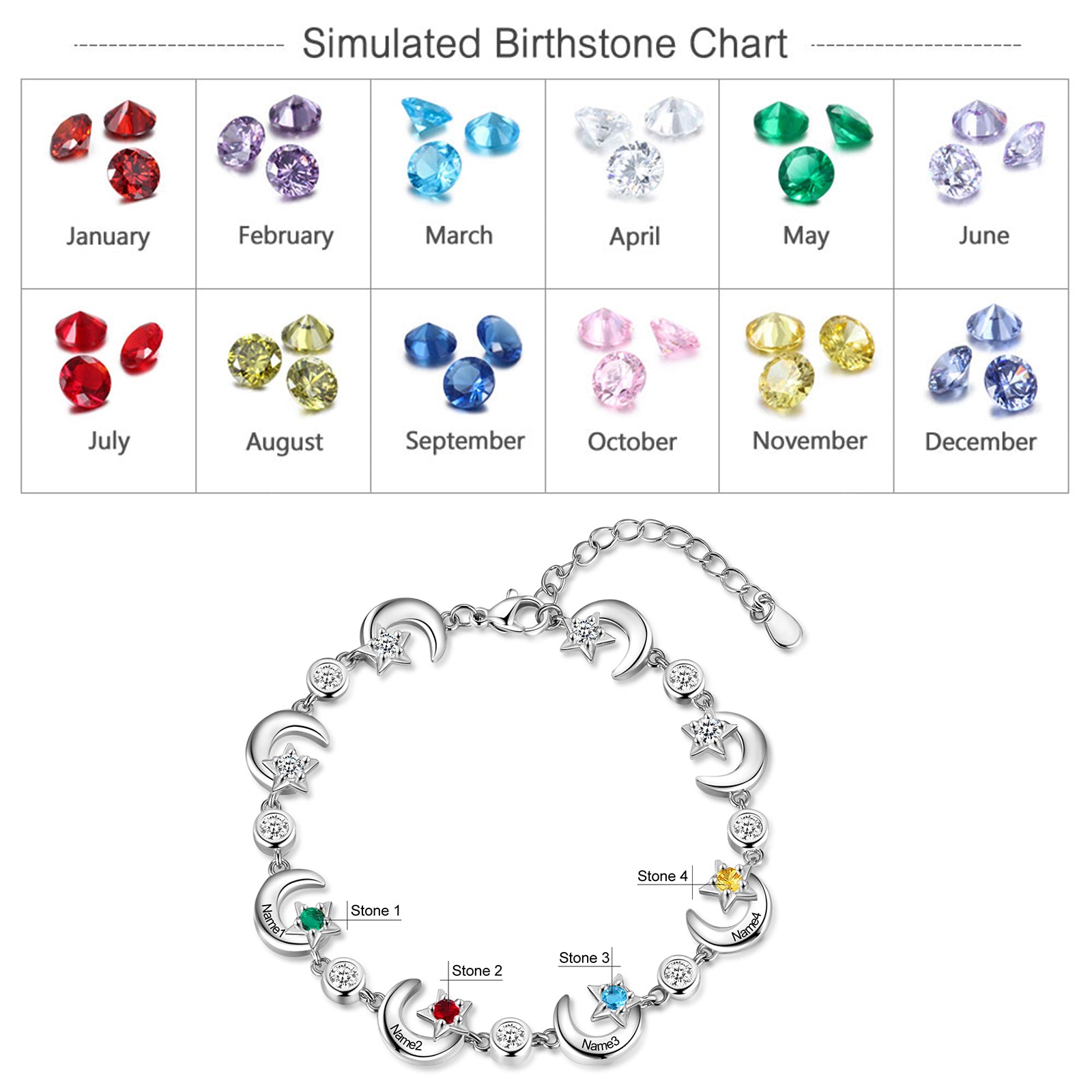 Rhodium Plated Star and Moon Bracelet