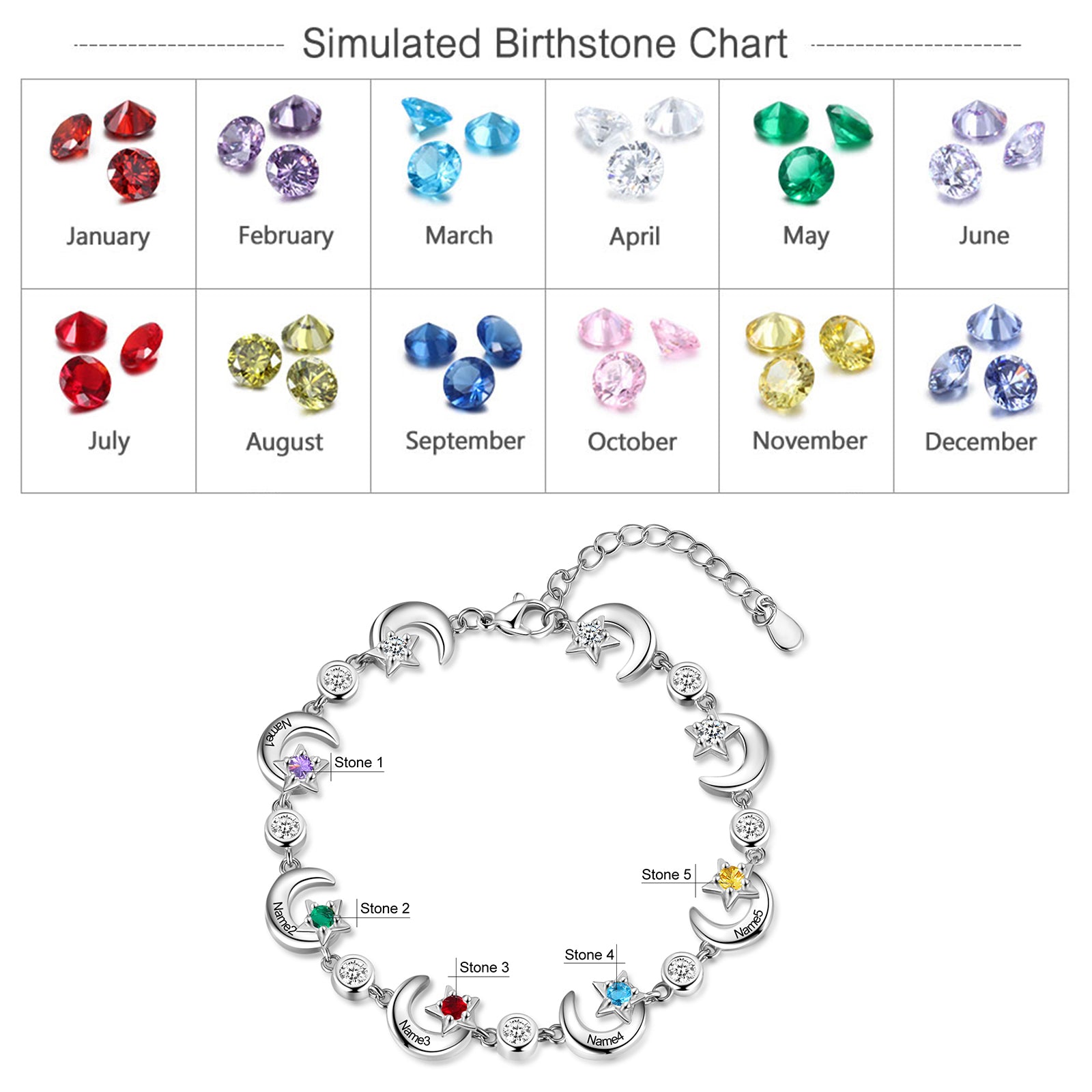 Rhodium Plated Star and Moon Bracelet