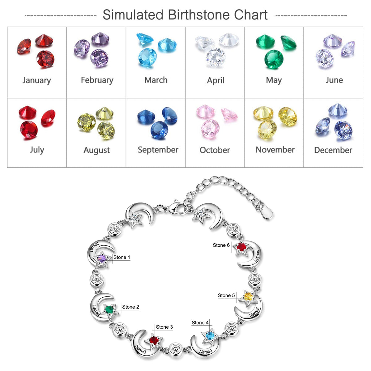 Rhodium Plated Star and Moon Bracelet