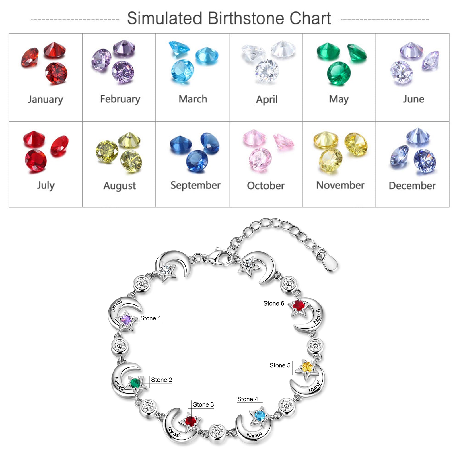Rhodium Plated Star and Moon Bracelet