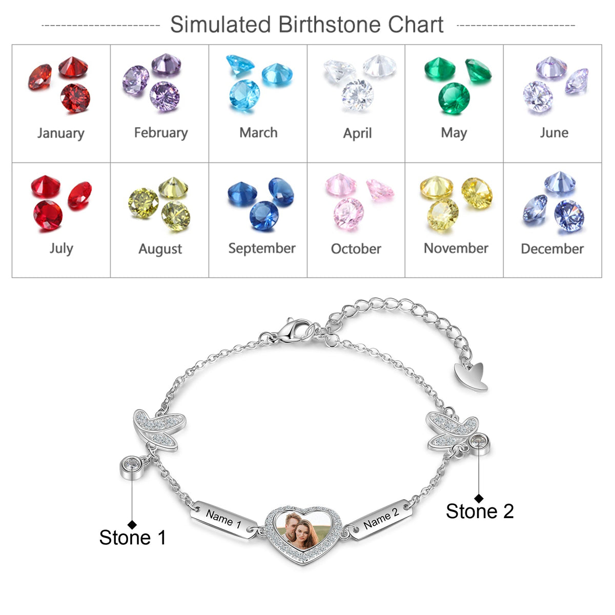 Personalized Rhodium Plated Butterfly Photo Heart Bracelet