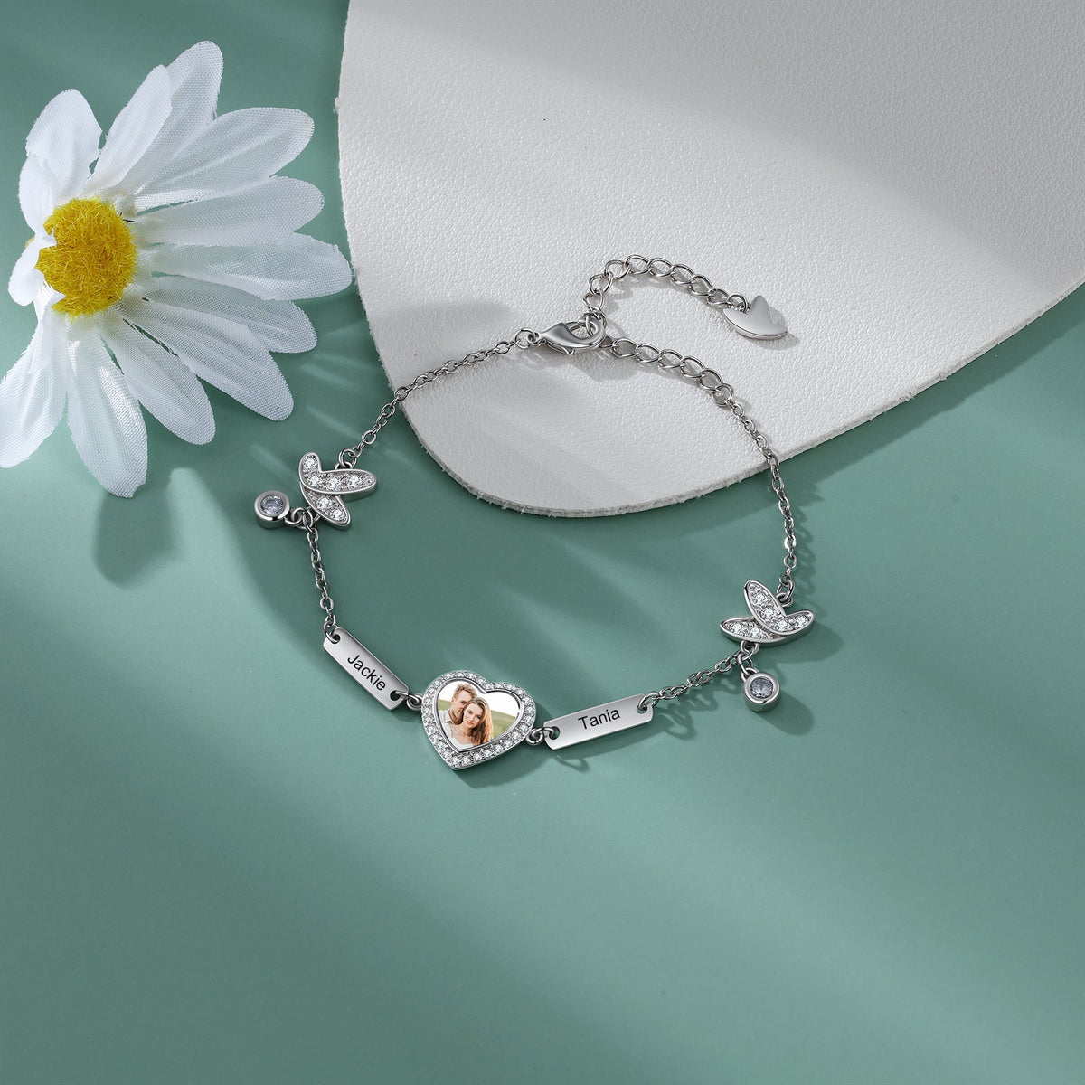 Personalized Rhodium Plated Butterfly Photo Heart Bracelet
