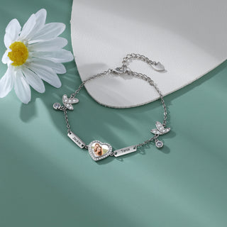 Personalized Rhodium Plated Butterfly Photo Heart Bracelet