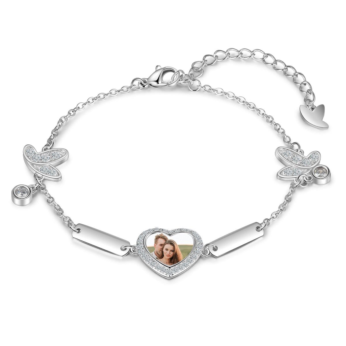Personalized Rhodium Plated Butterfly Photo Heart Bracelet