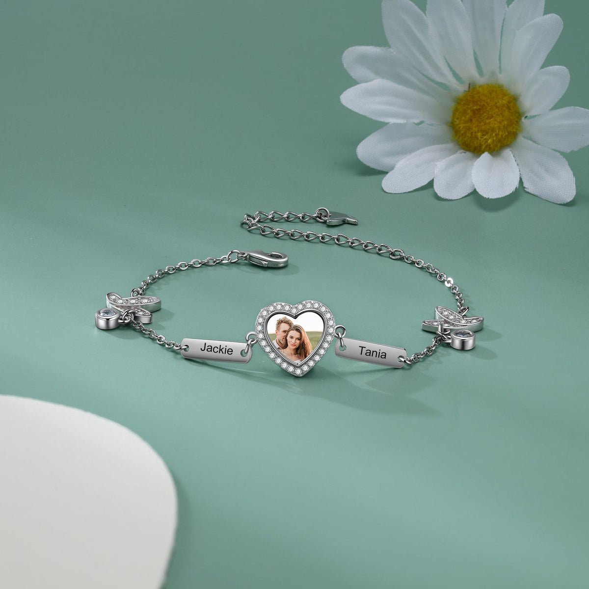 Personalized Rhodium Plated Butterfly Photo Heart Bracelet