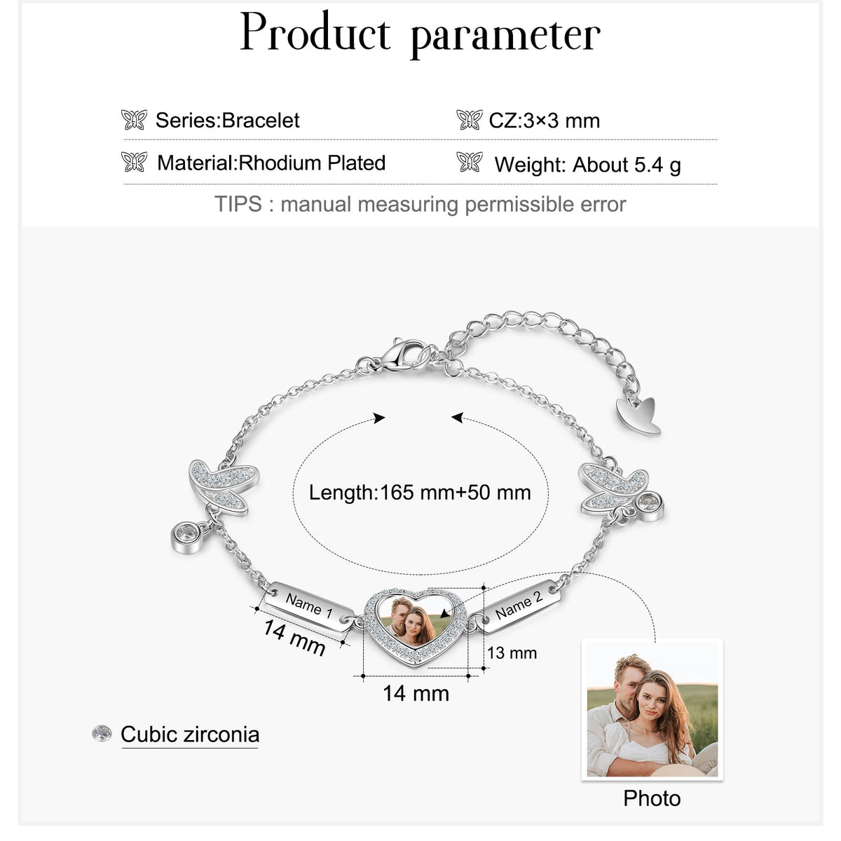 Personalized Rhodium Plated Butterfly Photo Heart Bracelet