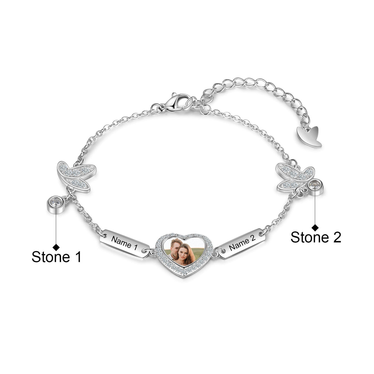 Personalized Rhodium Plated Butterfly Photo Heart Bracelet