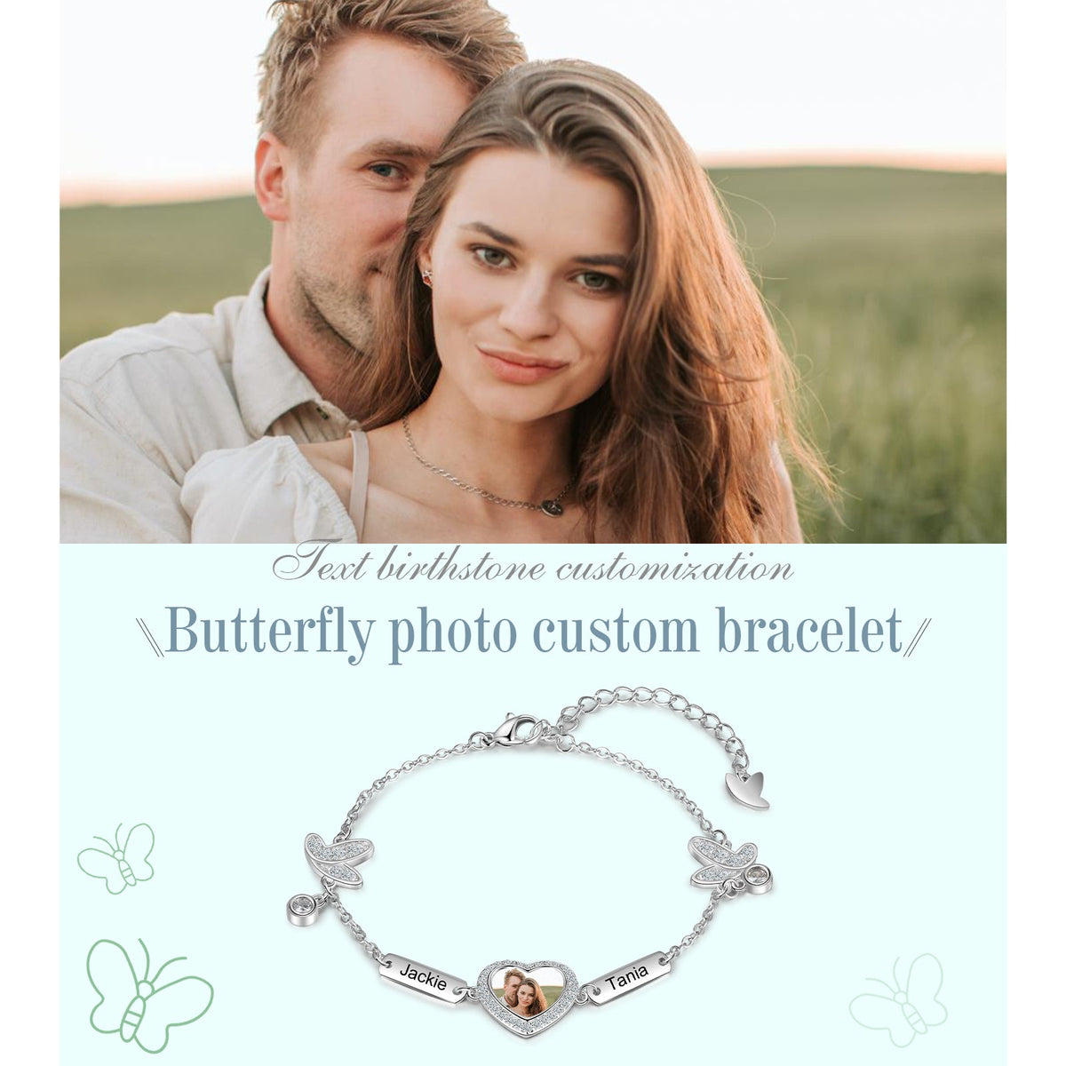 Personalized Rhodium Plated Butterfly Photo Heart Bracelet