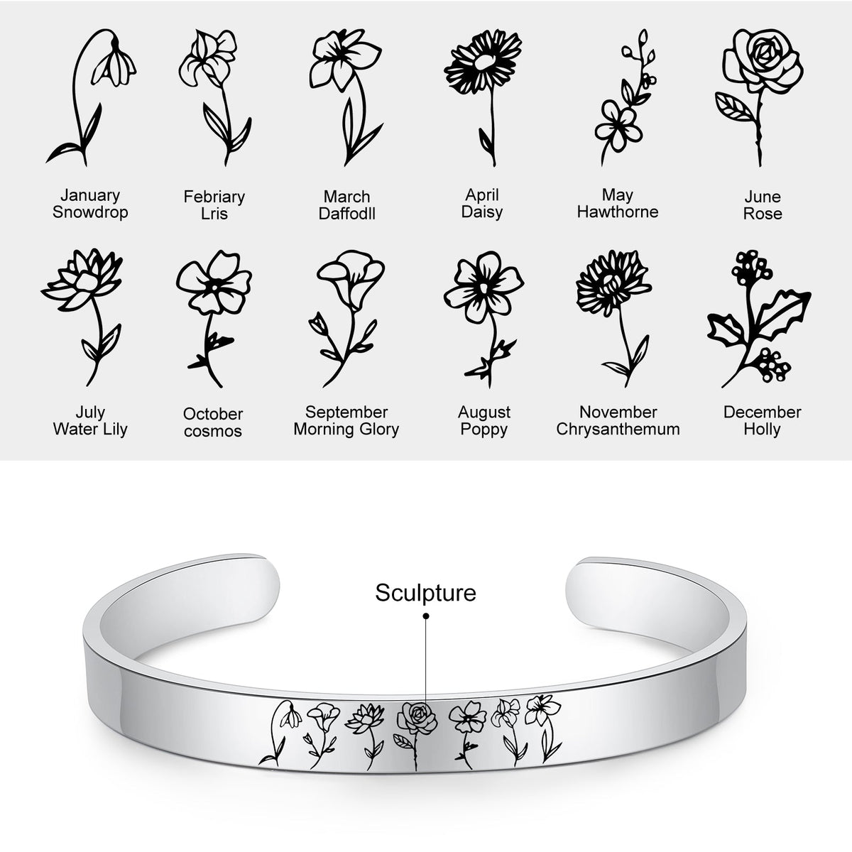 Stainless Steel Birthflower Bracelet