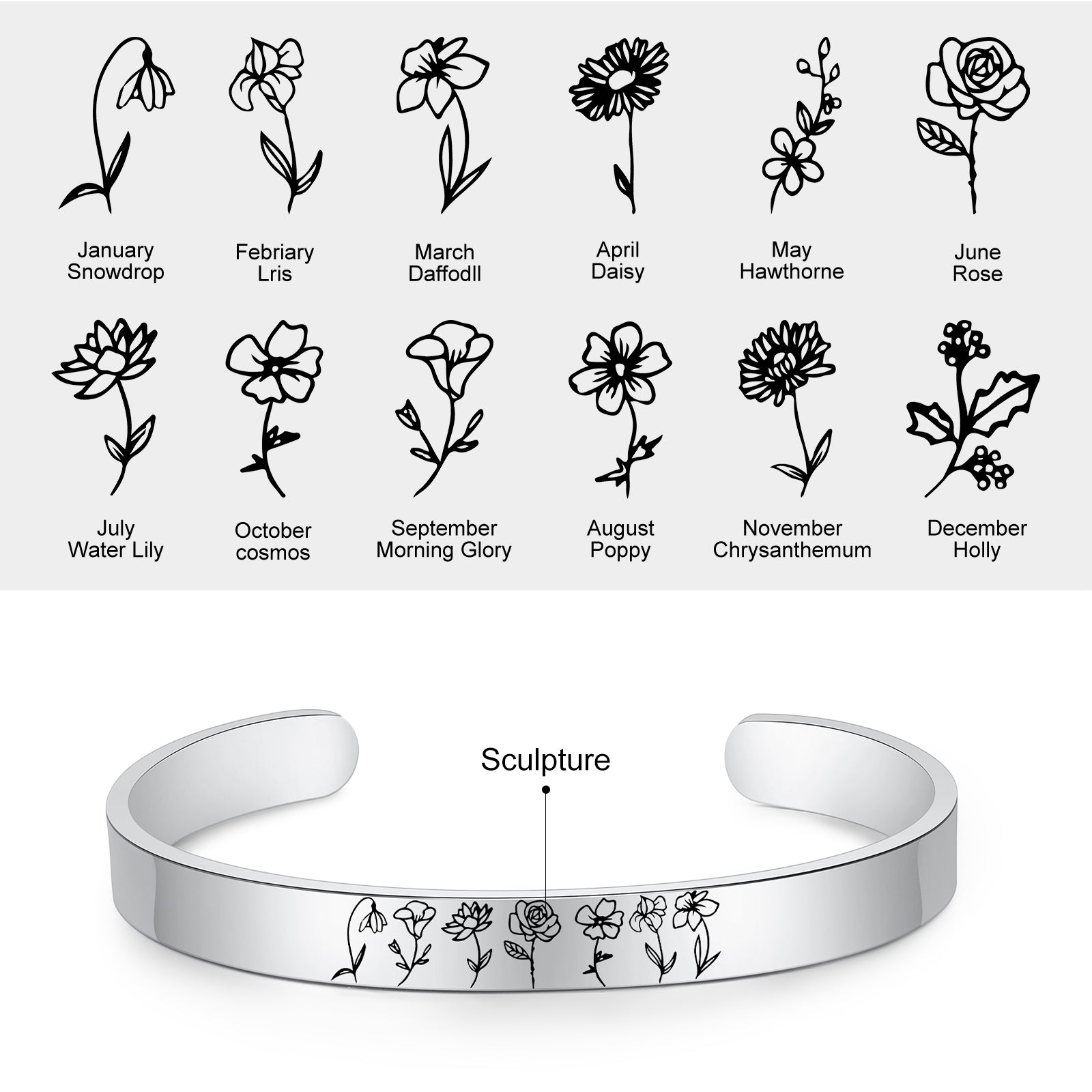 Stainless Steel Birthflower Bracelet
