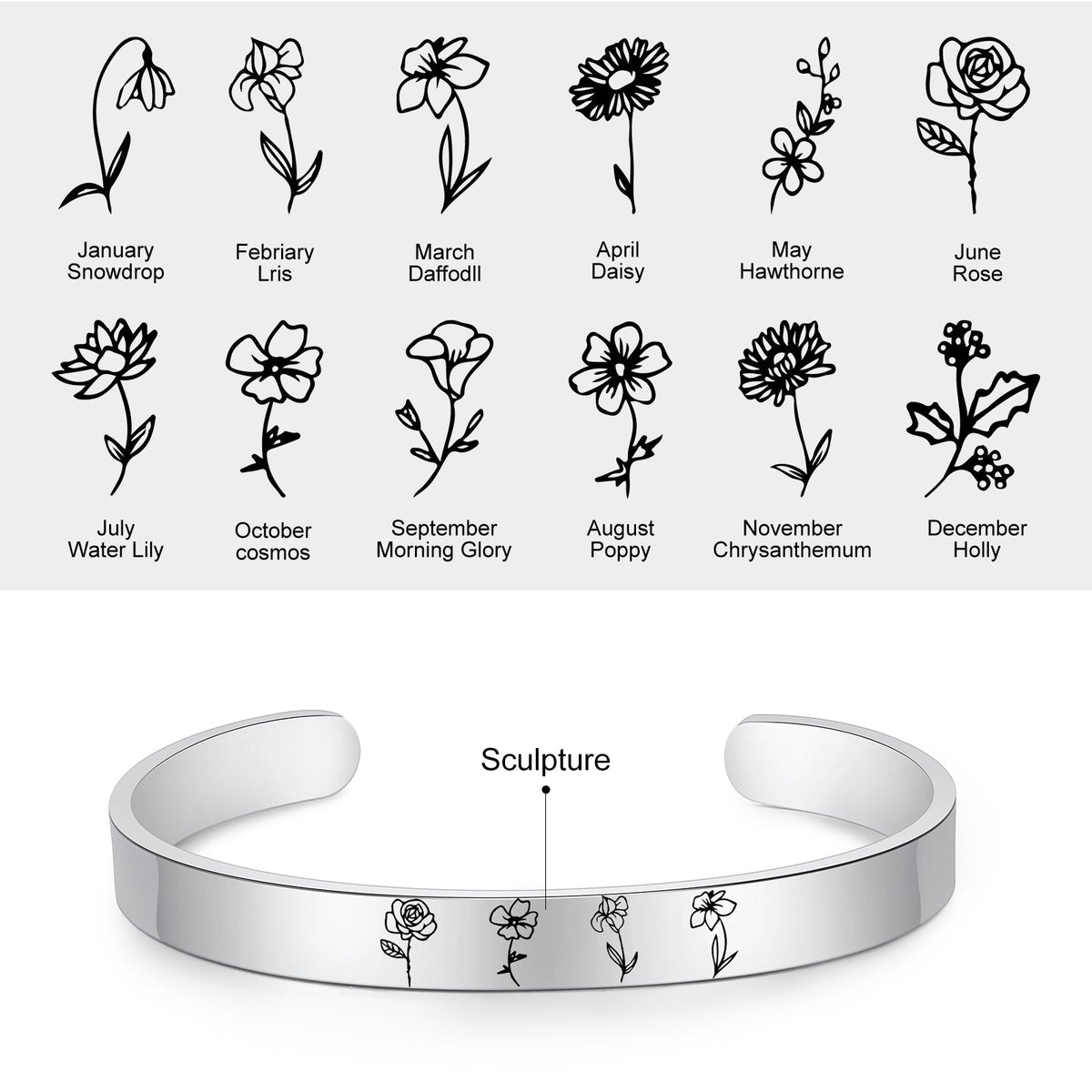 Stainless Steel Birthflower Bracelet