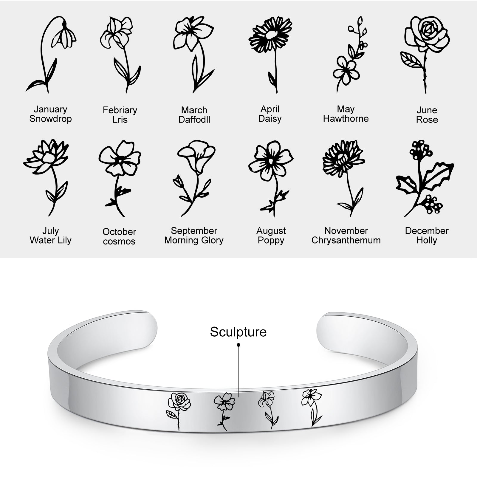 Stainless Steel Birthflower Bracelet