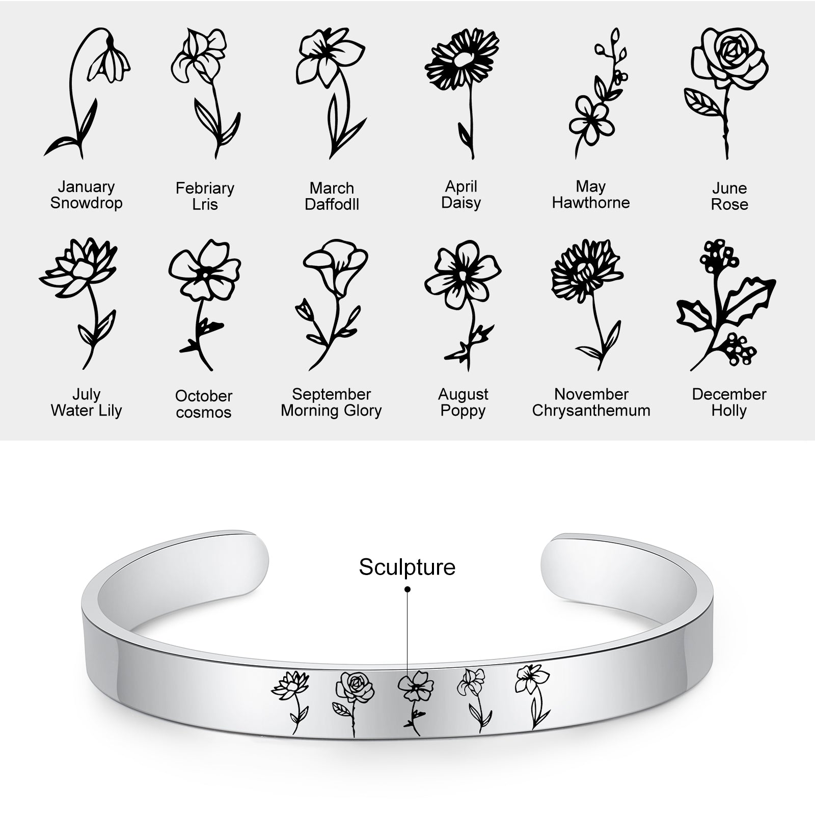 Stainless Steel Birthflower Bracelet