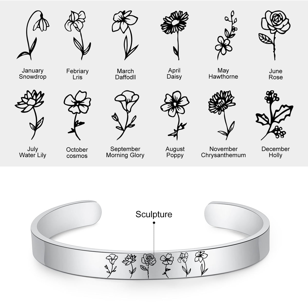 Stainless Steel Birthflower Bracelet