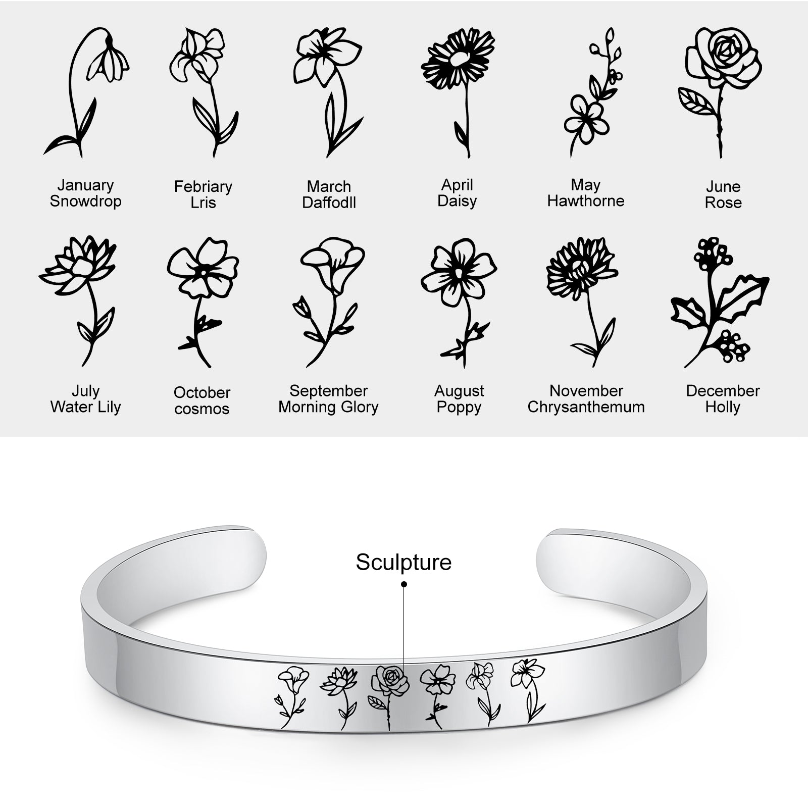 Stainless Steel Birthflower Bracelet