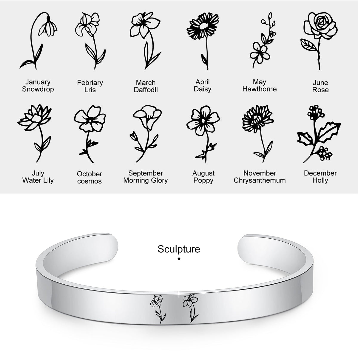 Stainless Steel Birthflower Bracelet