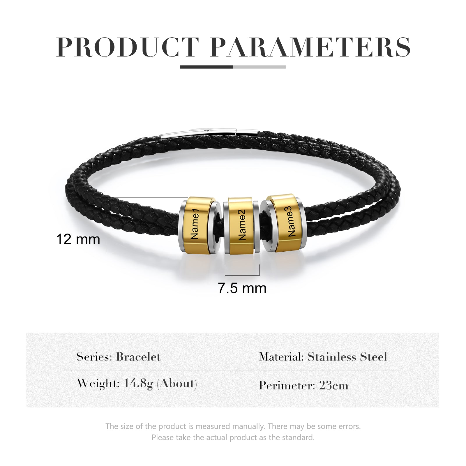 Personalized Stainless Steel Black Leather Bead Bracelet