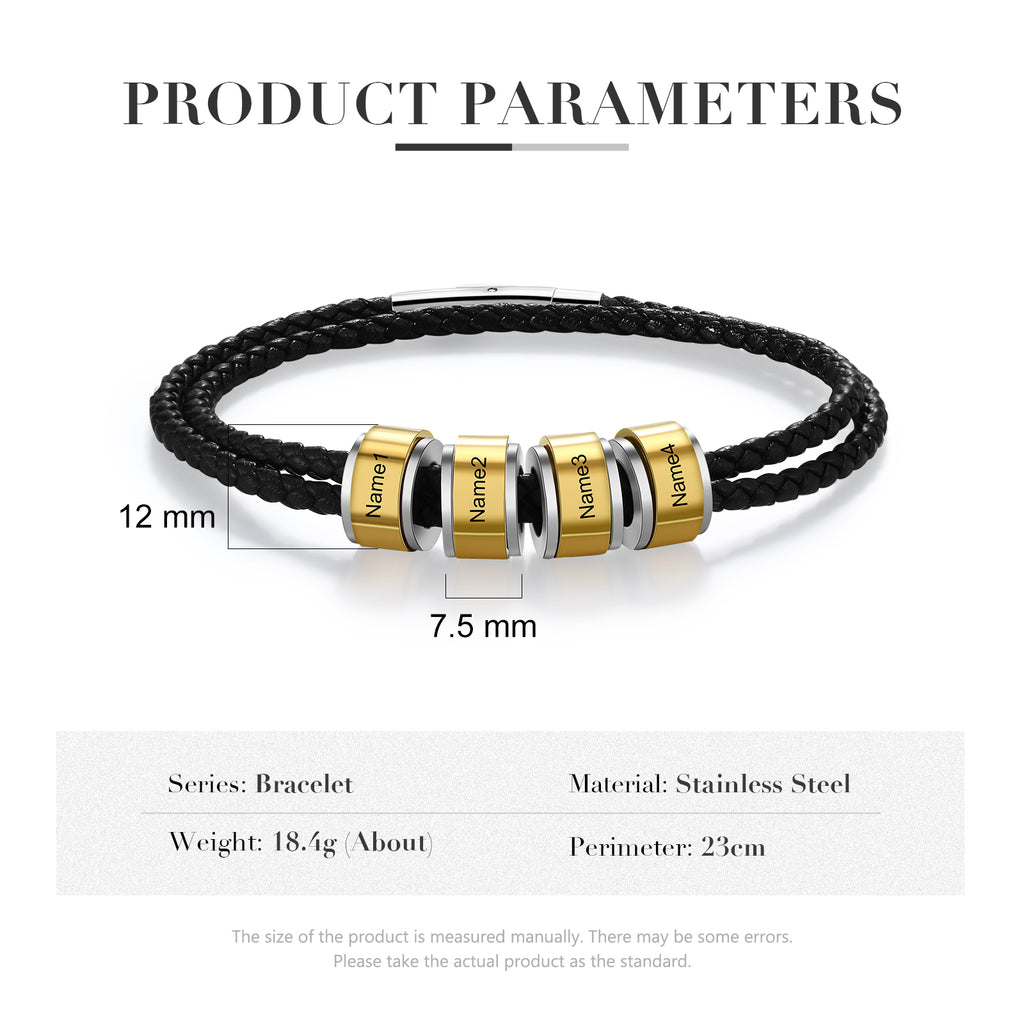 Personalized Stainless Steel Black Leather Bead Bracelet